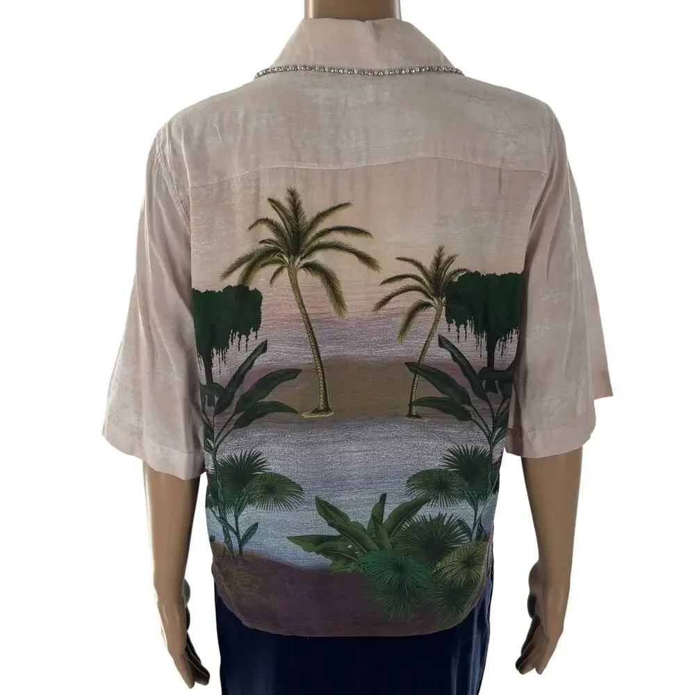 Sandro Paris Pink Embellished Tropical Hawaiian Button Down Top - Picture 8 of 12